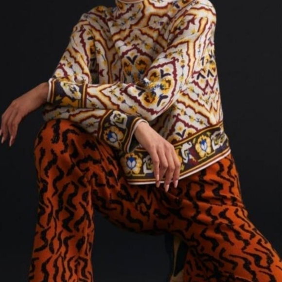 Anthropologie Wide Flared Tiger Print knit Pants Orange/Blk, US Women's XL NWOT - Picture 1 of 10